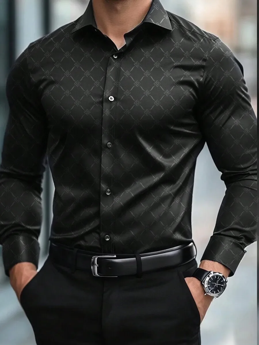 

Men's Black Slim Fit Long Sleeve Formal Shirt with Geometric Pattern