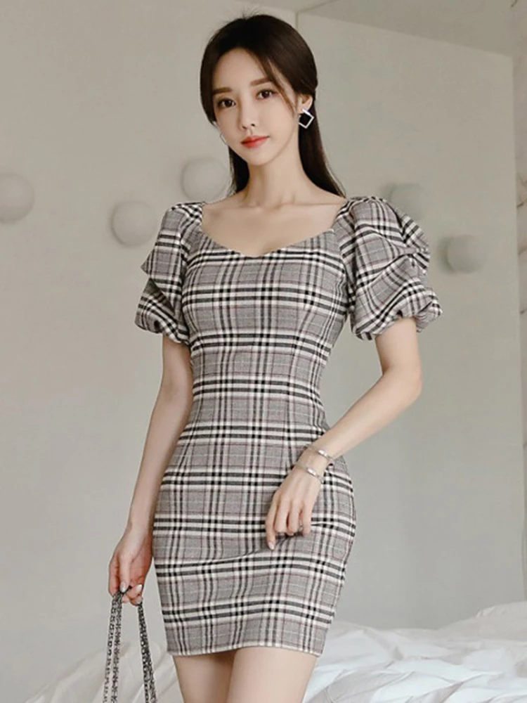 

New Summer Elegant Office Women Short Dress Retro Plaid Sexy Puff Sleeve Slim Mini Dresses Party Mujer Vestidos Street Clothes