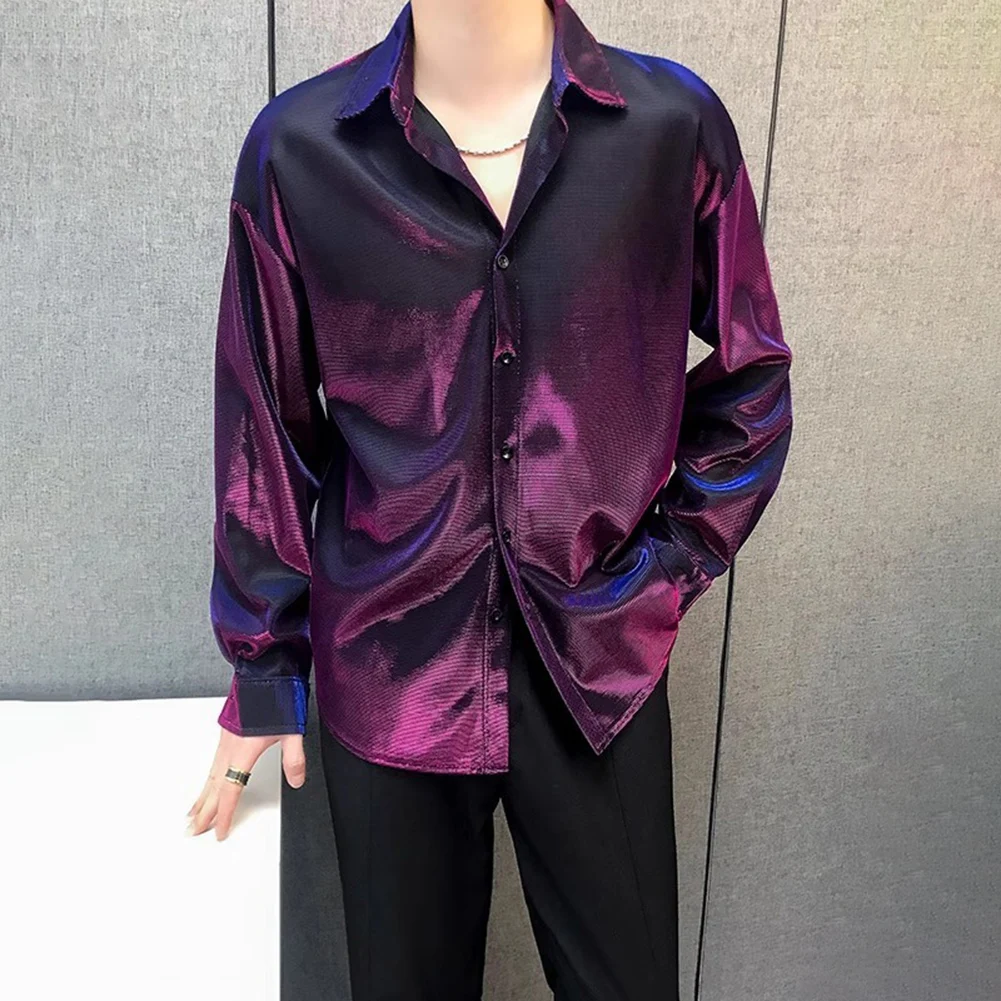 Men Fine-shimmer Glossy Long Sleeve Shirts High Street Nightclub Party Cardigan Disco Shirt Loose Shirt Jacket