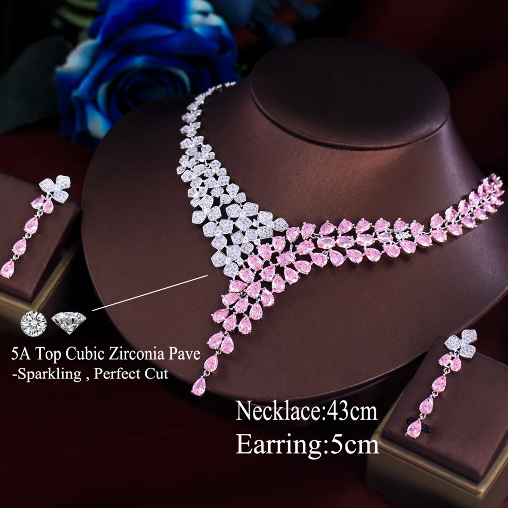 BeaQueen Exquisite Unique Pink White Cubic Zirconia Leaf Long Drop Earrings Necklace for Women Wedding Party Jewelry Sets JS428