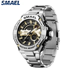 SMAEL Brand Men Watches Quartz Dual Time Stainless Steel Watch Bussiness  Wristwatches 8090 Light 50m Waterproof Fashion Watches