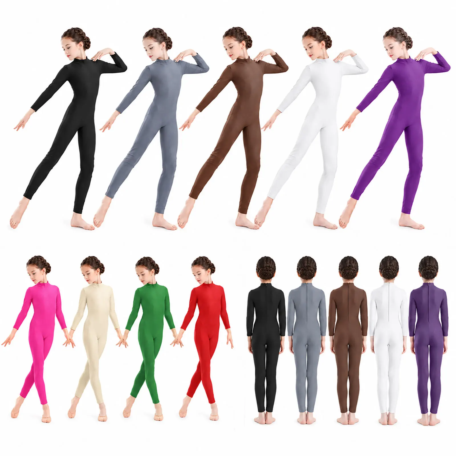Kids Girls Dance Leotard Long Sleeve Zipper Gymnastics Unitard Skating Yoga Training Jumpsuit Ballet Performance Dancewear