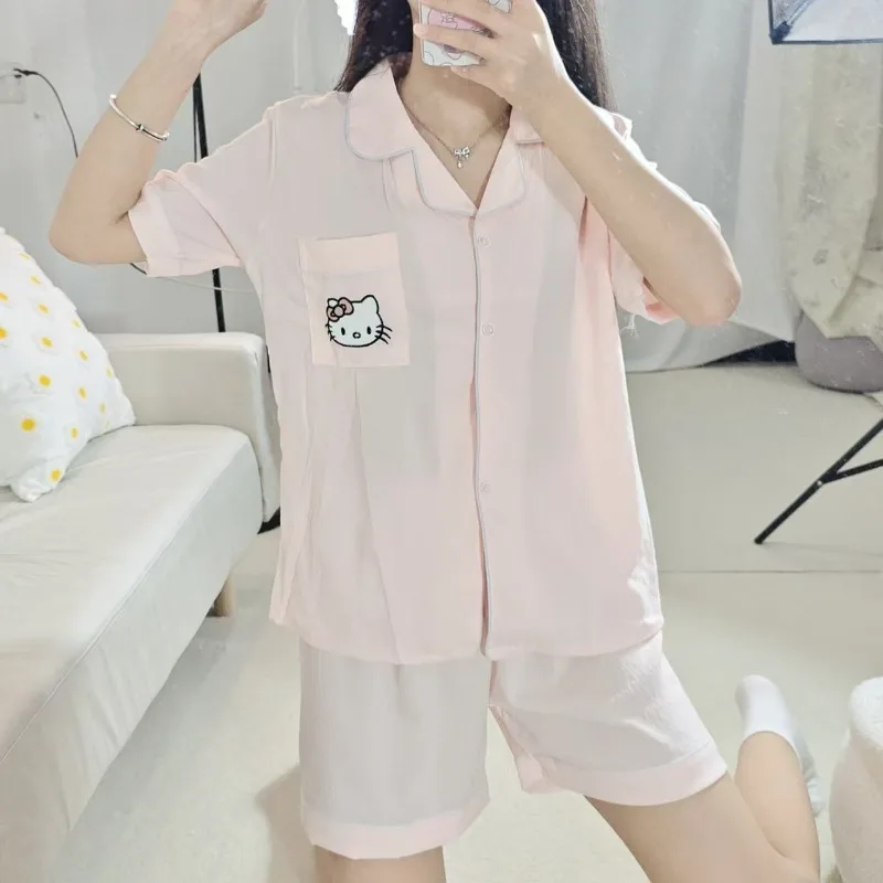 Olá kitty pijamas verão novo terno de manga curta rosa olá kitty dos desenhos animados pijamas bonito sanrio doce loungewear