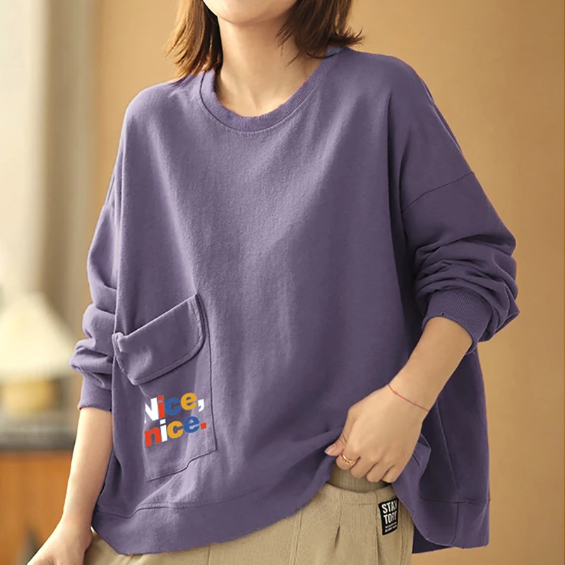 Autumn Loose Women Sweatshirt Letter Print Pocket Casual Cotton Korean Style Long Sleeve Tops Fashion O-Neck Simple Pullovers