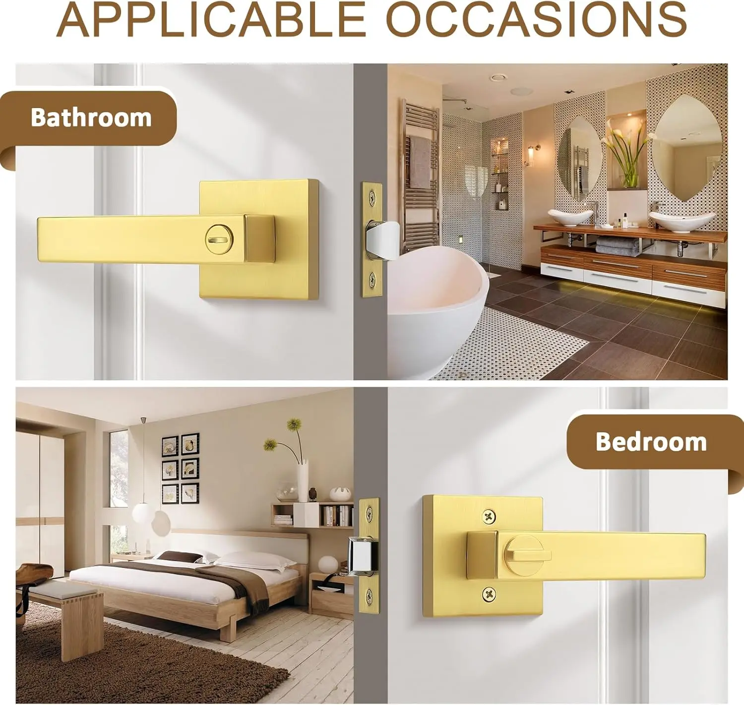 Gold Privacy Door Handles,Antique Brass Heavy Duty Bedroom and Bathroom Door Knobs with Lock,Square Interior