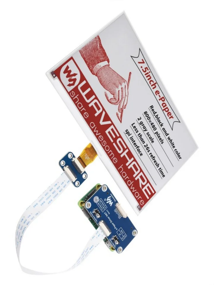 Waveshare 800×480、赤/黒/白、SPI、7.5 インチ電子ペーパー E インク