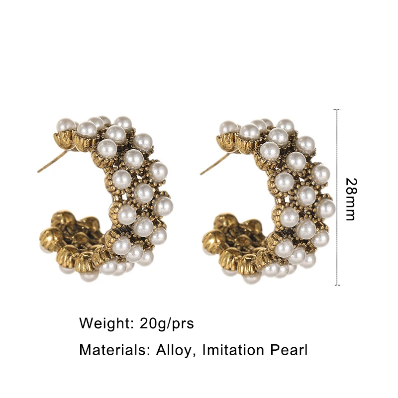 Vintage Metal Imitation Pearl Post Earrings For Women C Shape New Heavy Fashion Jewelry Timeless Accessories Holiday Gifts C1768