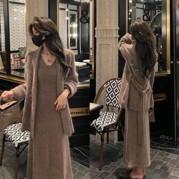 סגנון חדש עצלן חורף סתיו סרוג שתי חתיכות נשים שיער שיער שיער רך סרוג תחרה עד חגורה רופף קרדיגן + חליפת שמלה ארוכה