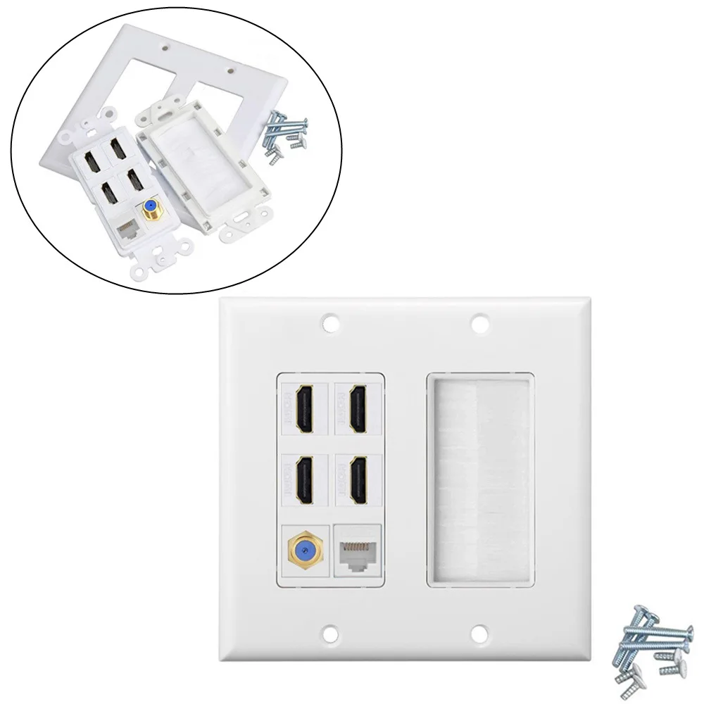 JavicTech Brush Wall Plate  4 HDMI Keystone Cat 6 Keystone Coax Cable TV F Type Wall Plate Female-Female Combination Faceplate