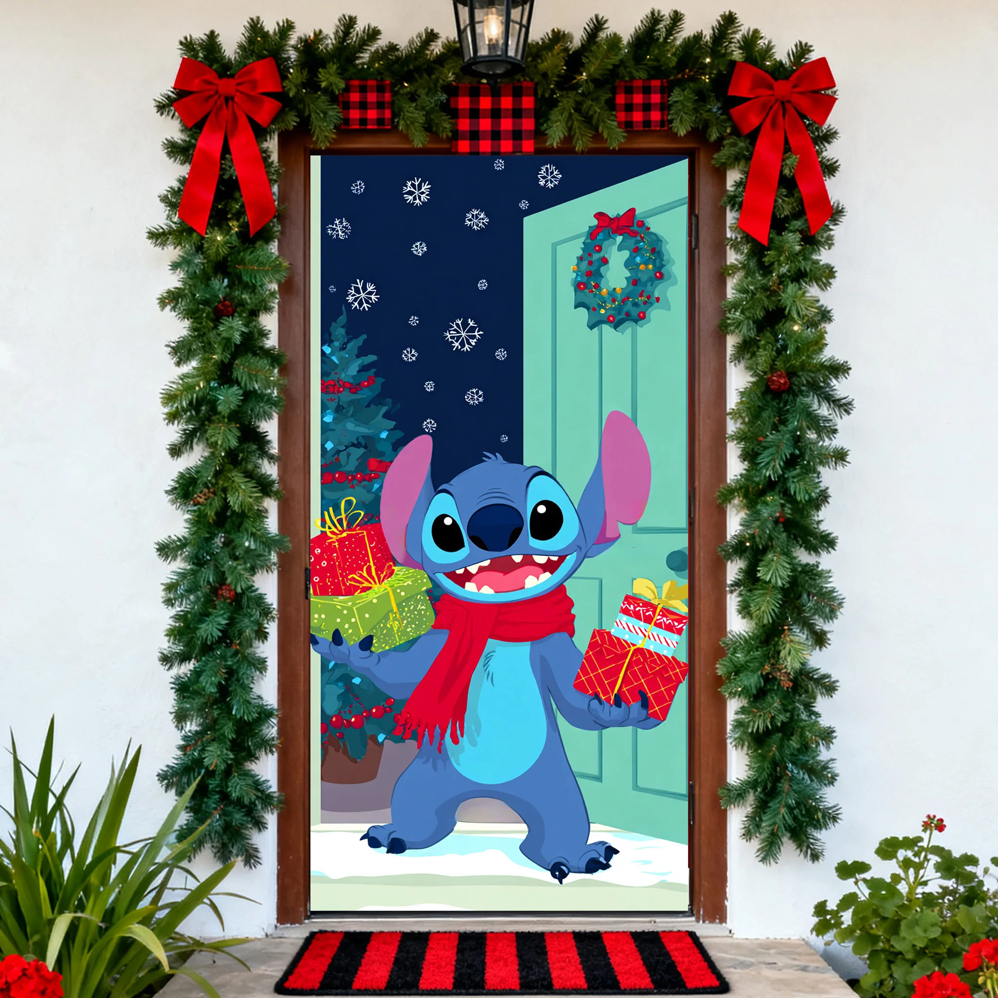 

Christmas Theme door cover background festival red Stitch door decoration child cartoon cute photography backdrop