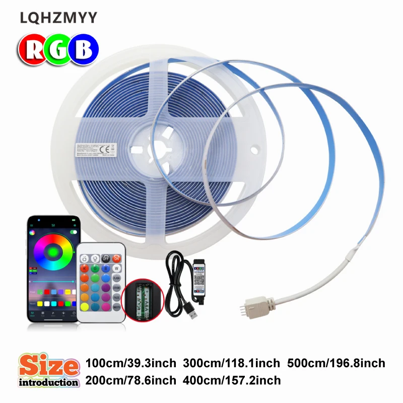 1 Roll of Color-Changing Rgb Spot-Free Cob Flexible Led Light Strip, Low Voltage 5V USB Powered, with 24-Key Multifunctional Remote Control, with Bluetooth Sound Pickup Function, App-Controlled Led Light Strip, for Tv, Computer, Gaming, Car Decoration, Stage, Music, Surprise Parties, Home, Bedroom, and Holiday Decorations