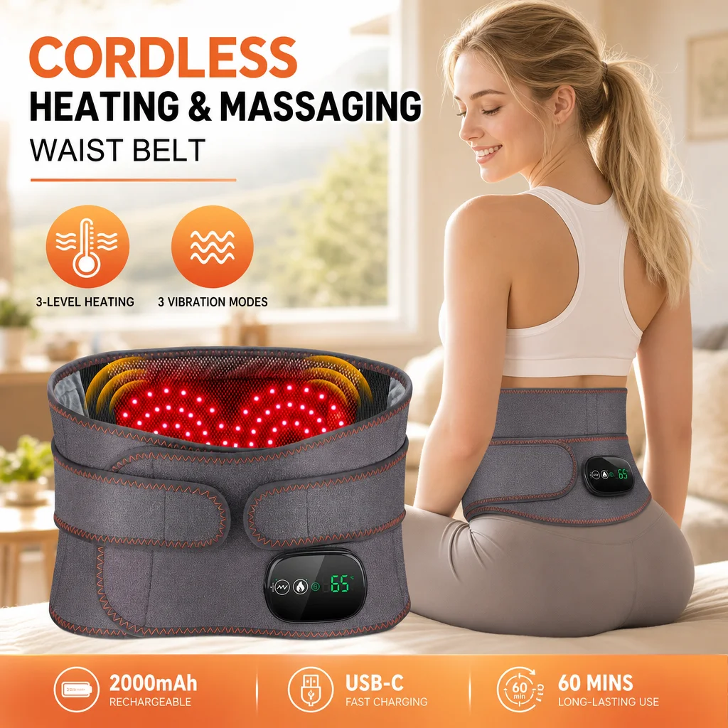 Beheizter Rückenwärmer Gürtel Vibrationsmassage 3 Heizstufen 3 Vibrationsmodi 5000mAh Akku Digitaler Controller Verstellbarer Gurt Grau 118cm