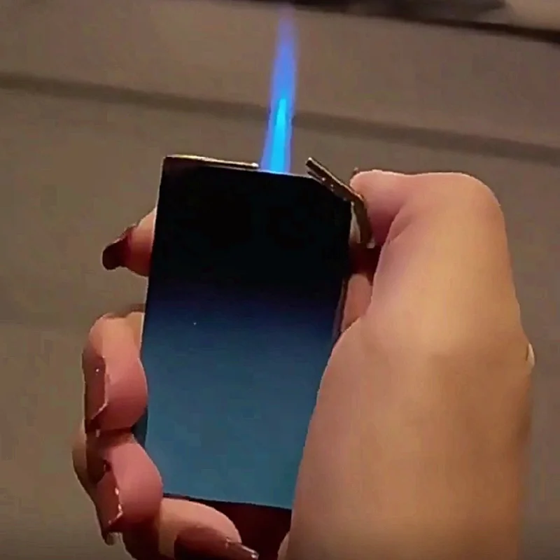 Windproof Turbo Jet Blue Fire Gas Lighter, 2 in 1 Dual Flame Gradient Design, Unique Novelty Cigar Tool Gift for Male Smokers