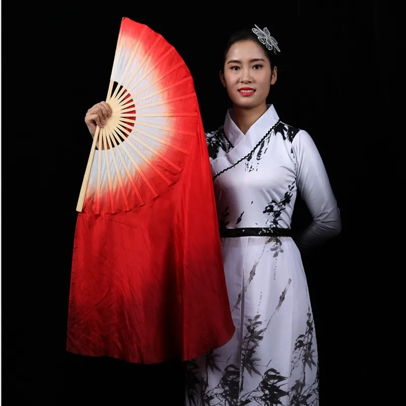 Simulation Silk Gradient Wine Red Dance Fan Stage Performance Classical Dance Lengthened Yangko Big Folding Fan Photography Prop