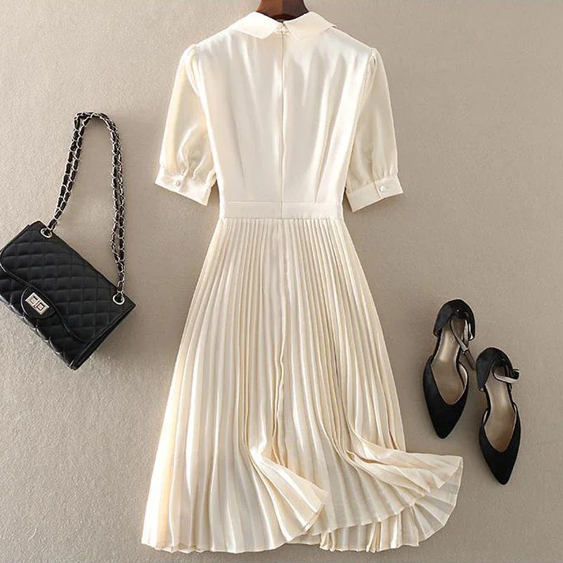 

Lace Pleated Dress Women New Summer Chic Short Sleeve Midi Party Vestido Elegant Pretty A-line Slim Dresses 2024 J165