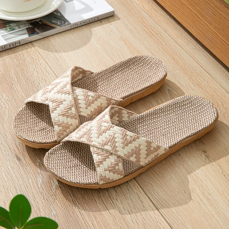 Summer Linen Slippers for Women Indoor Ladies Home Anti slip Thick Sole Linen Shoes Use Four Seasons Cool Slippers Slides