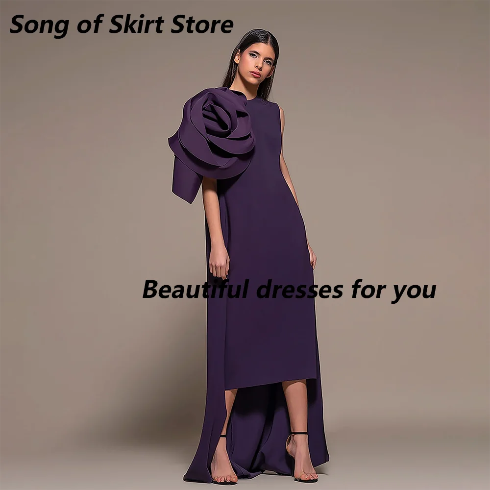 

Grape Purple Evening Dress 2025 Chic 3D Flower O-Neck Tea Length Jersey Prom Gowns Cocktail Party Dresses Customized