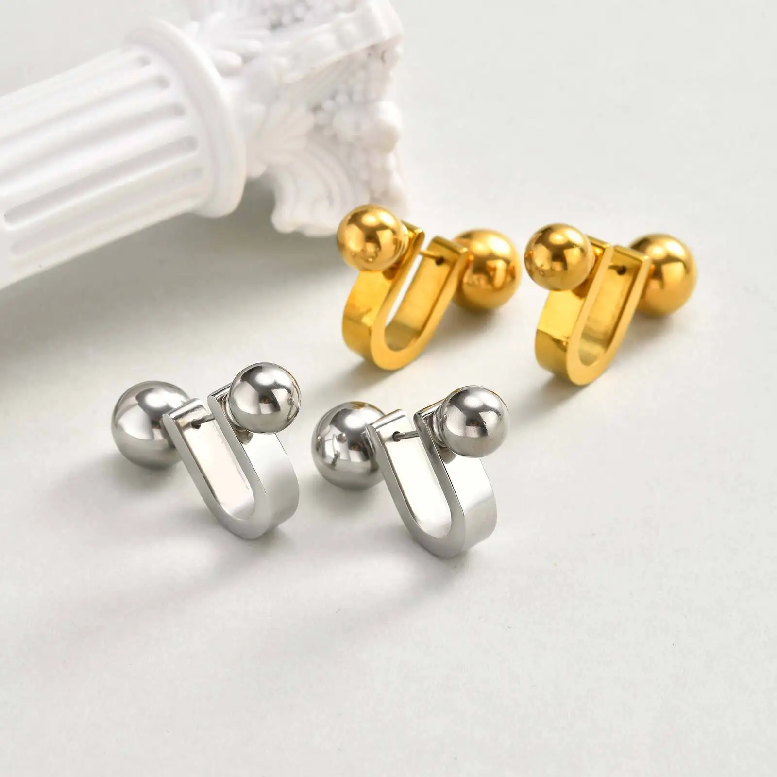Unique U-Shape Hoop Earrings for Women, Stainless Steel Earring, Ball Piercing Ear Accessories - Image 6
