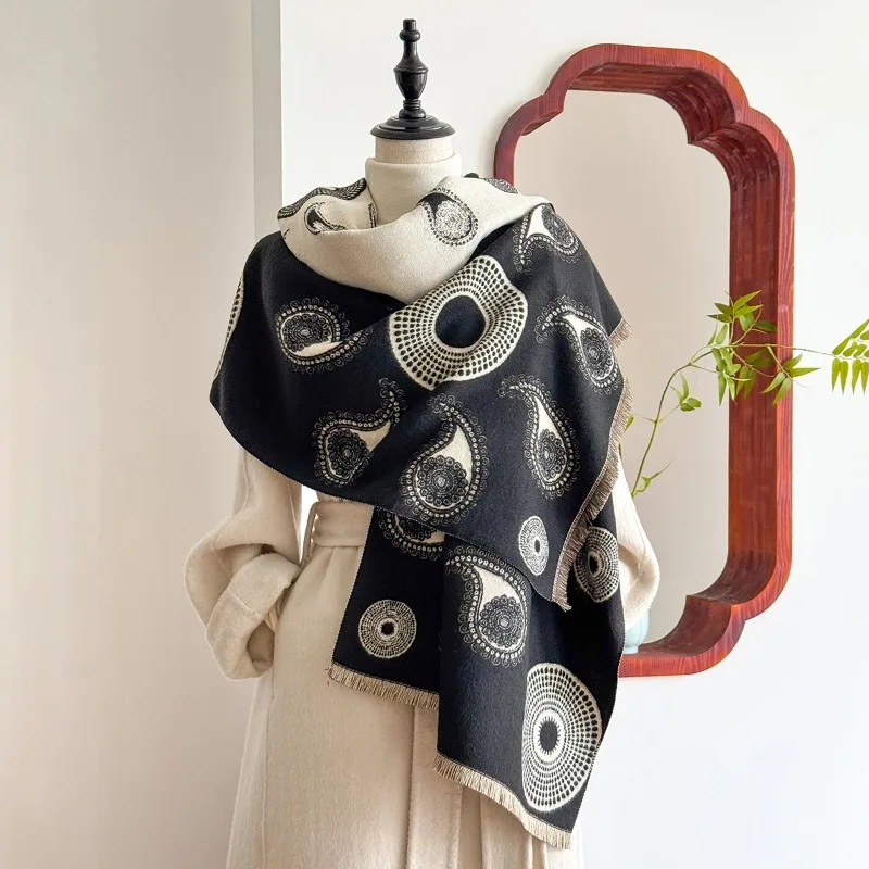 

2025 новейший дизайн, зимние двусторонние жаккардовые кашемировые шарфы, высокое качество, женская утепленная шаль, женский шерстяной шарф из пашмины