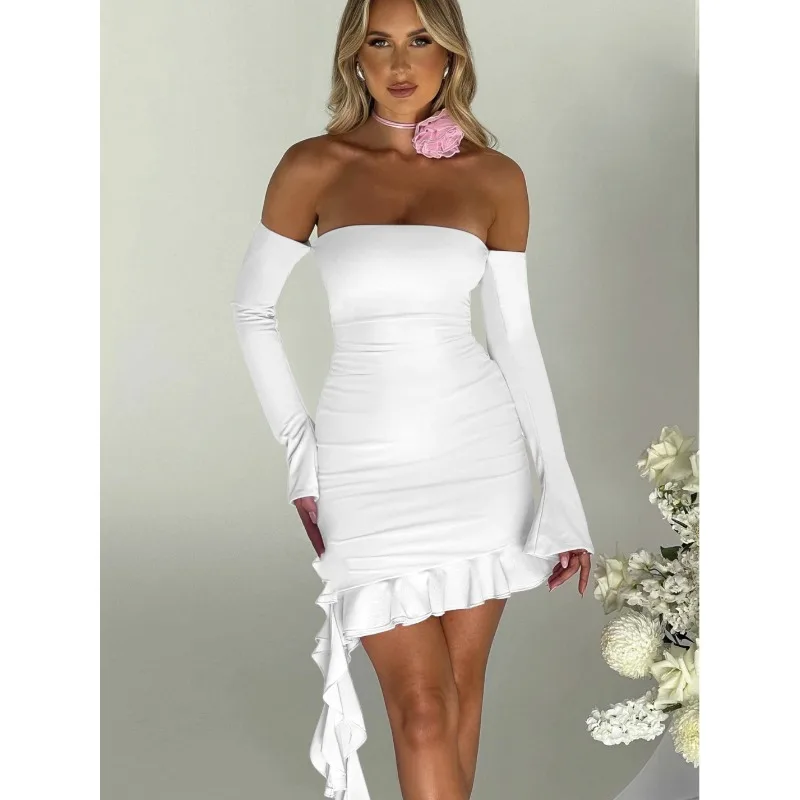 Autumn New Dress Women Sexy Slim Fit Ruffled Stitching Dress Women Flare Sleeve Backless Off-Shoulder Strapless Irregular Dress