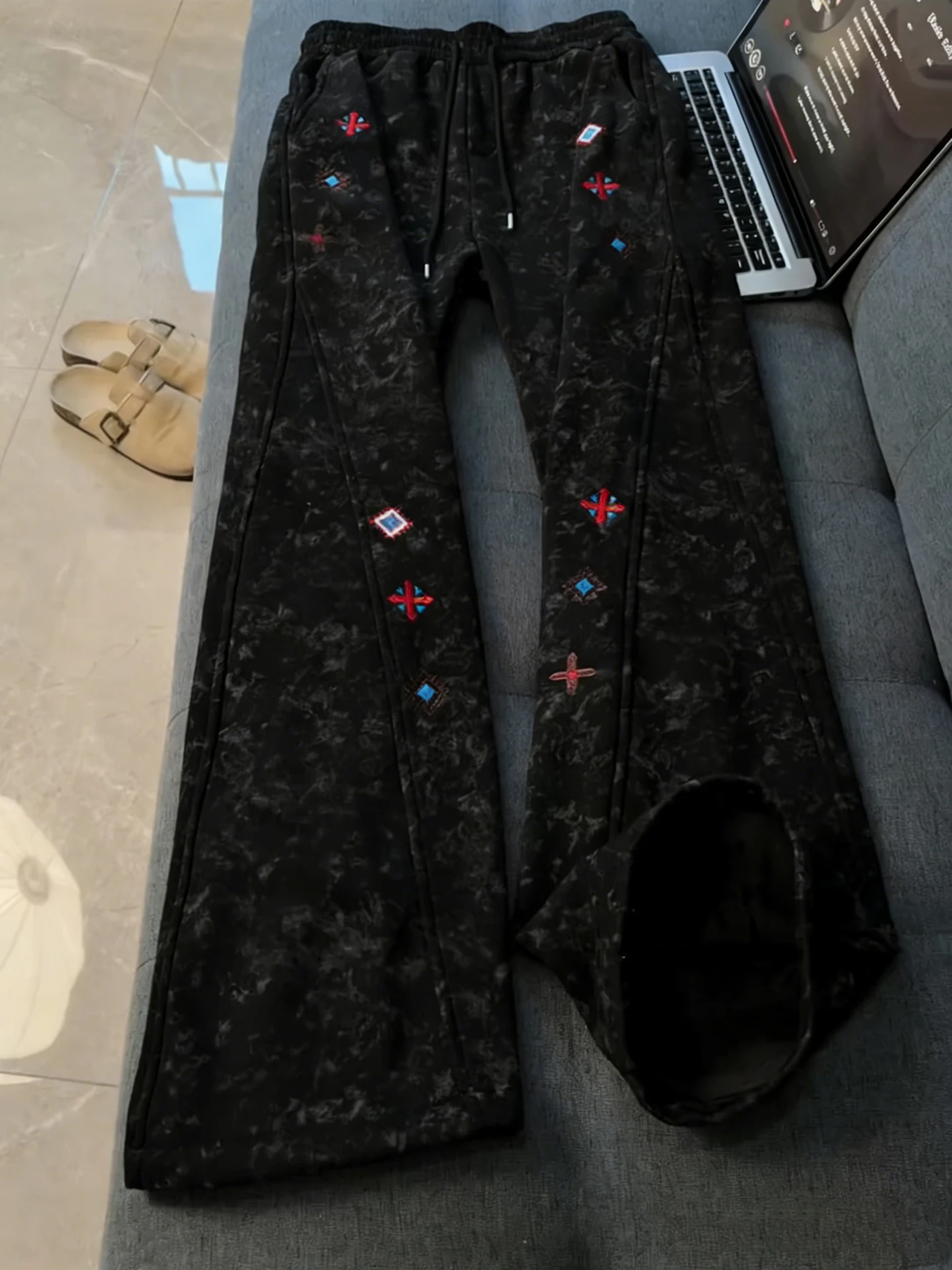Black American Embroidered Tie Dye Fleece Lined Men's Sporty Slant Cut Casual Pants Autumn Winter Heavyweight Comfortable Tro...