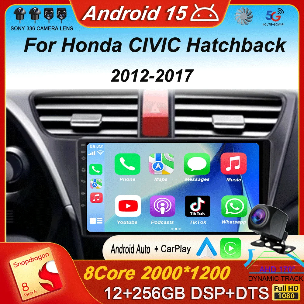 Carplay راديو السيارة أندرويد 15 لهوندا سيفيك هاتشباك 2012 2013 2014 2015 2016 2017 مشغل وسائط متعددة الملاحة لتحديد المواقع ستيريو #1