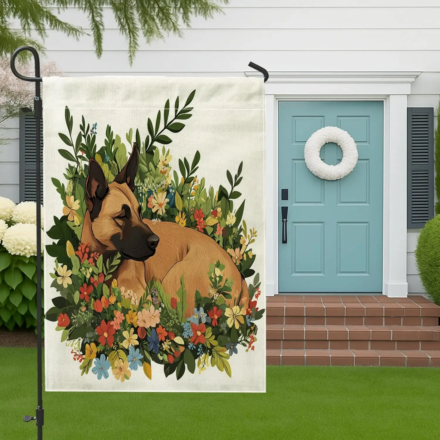 Spring Belgian Malinois Dog Garden Flags 12x18 Inch Double Sided for Outside, Fun Plant Flower Puppy Standard Canvas Outdoor PPM