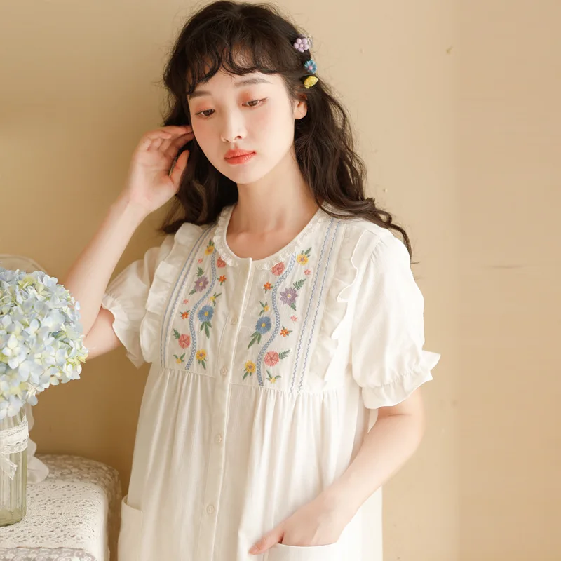 Vintage Embroidery 100% Cotton White Pajama Sets For Women Short Sleeve Long Pants Summer Loose Cardigan Plus Size Sleepwear