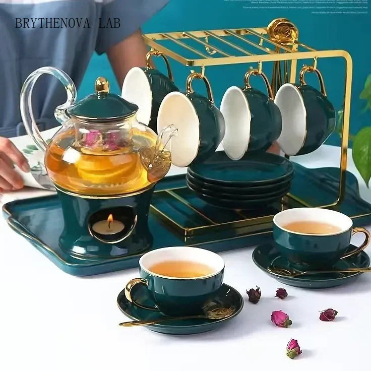 Nordic Boiled Fruit Teapot Teacup Set English Luxury Light Afternoon Camellia Tea Set Candle Heating