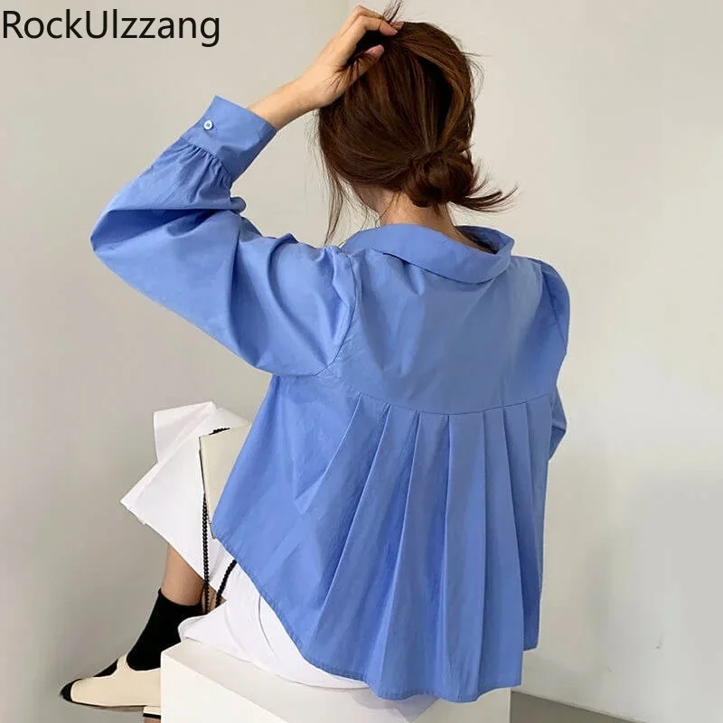 Back Pleated Solid Color Button Up Shirt Korean Women Fashion Long Sleeve Loose Cute Blouse Ladies y2k top Fall Blusas Aesthetic