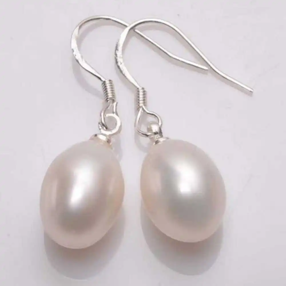 NATURAL 10-11MM WHITE REAL PEARL 925 SILVER DANGLE EARRINGS Gift SOLID Lucky Fashion Christmas