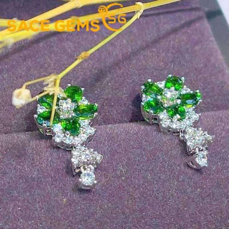 

SACE GEMS New Earrings for Women 925 Sterling Silver 3*4MM Natural Diopside Stud Earrings Engagement Cocktail Party Fine Jewelry