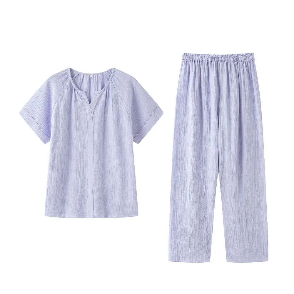 

Summer Female Casual Simple Pajama Sets Girl 100%Cotton Sleepwear Suit Women Top Quality Half Sleeve V-neck Collar Home Clothes