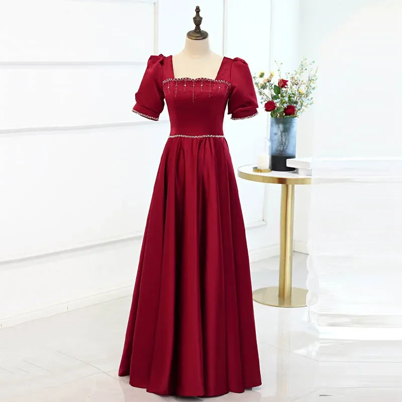 

Customized Evening Dress Wine Red Satin Handmade Beads Square Collar A-Line Floor-Length Plus size Woman Party Formal Gown B1194