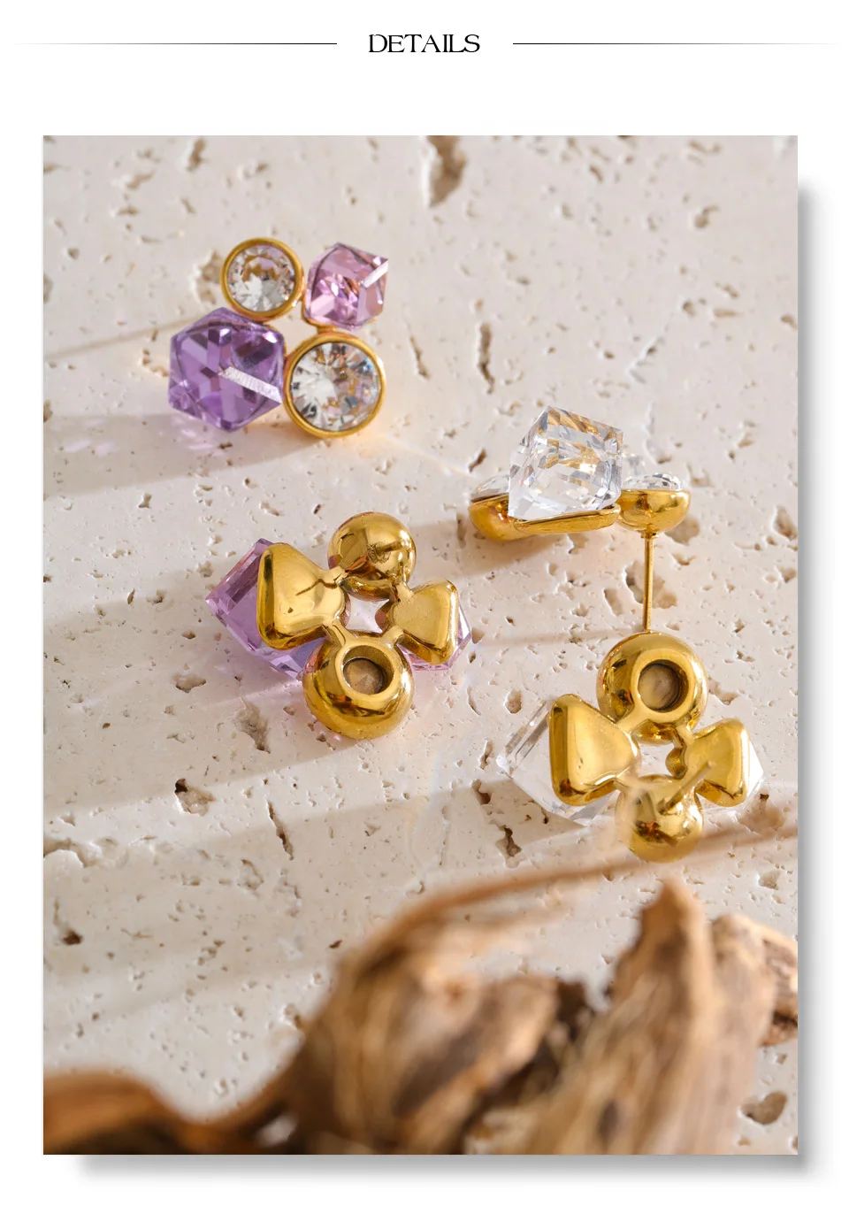 Yhpup Lila-weiße Farbe, K9-Kristall, geometrische Ohrstecker, Edelstahl, glänzend, exquisit, stilvoll, goldfarbener Schmuck, PVD – Detail 9