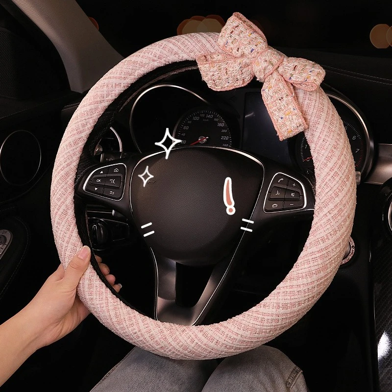 

Universal Fashionable Simple Four-Season Car Steering Wheel Cover for Women Cotton Linen Fabric Cute Bowknot 36cm/38cm/D-Shape