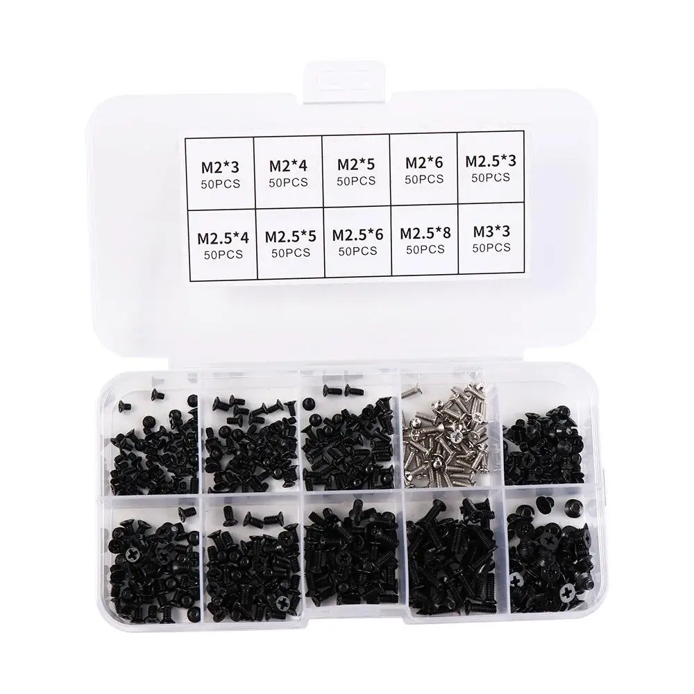 500Pcs M2 M2.5 M3 Laptop Screws Set Universal Looseness-proof RC Screw Box Kit with Storage Box Carbon Steel