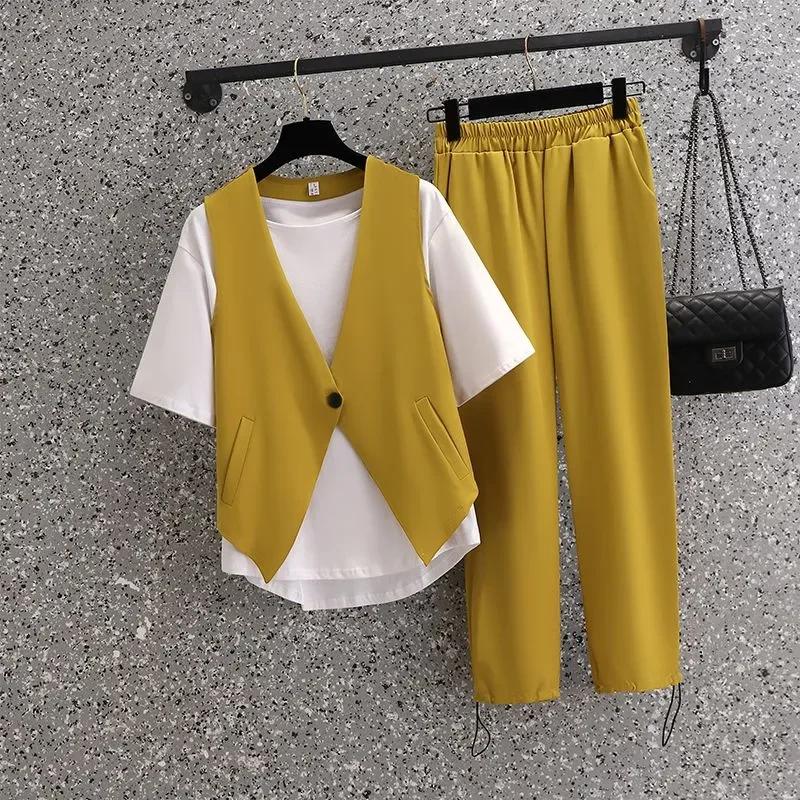 

Women's Plus Size 3-Piece Set Vest T-shirt Drawstring Pants Casual Outfit