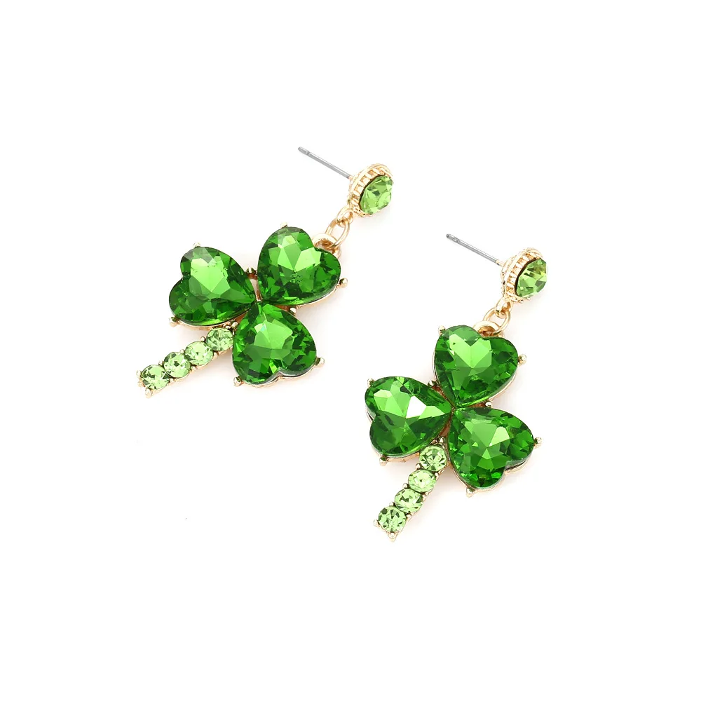 Fashion light luxury style super flash diamond clover earrings personality temperament heart-shaped glass three-petal grass earr