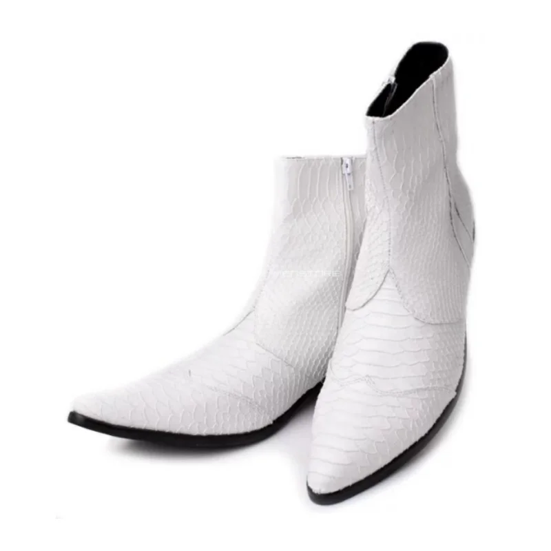 Thick Soled Chelsea Boots Men Snake Print High-Top Casual Fashion Leather Boots Pointed Toe Business High Heel Men's Short Boots
