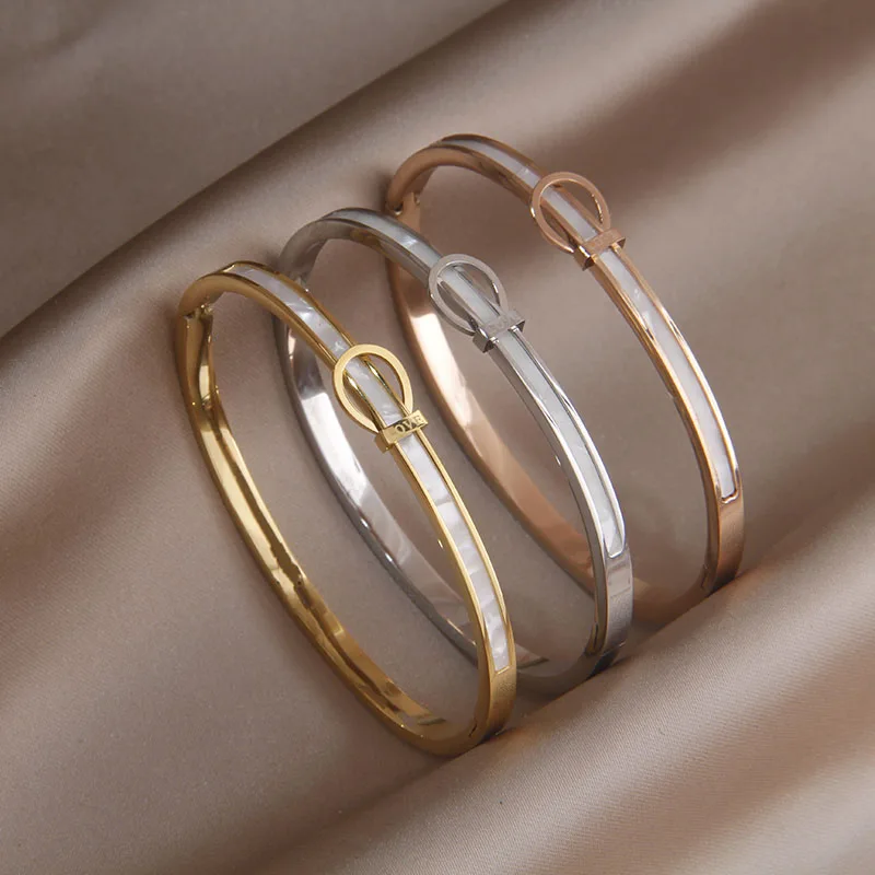 Classic Stainless Steel Metal Belt Open Bangles for Women Fashion Brand Jewelry Shell Bracelets Party Accessories Gifts image 5