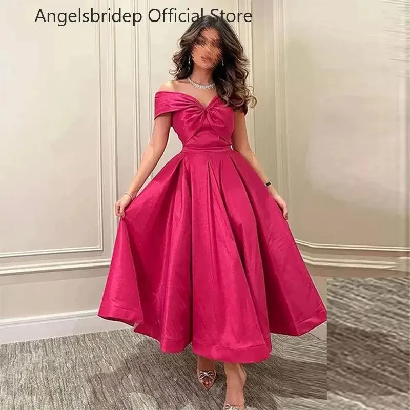 A Line Fuchsia Saudi Arabia Prom Dresses Customized Off The Shoulder Formal Prom Gowns V-Neck Princess Long Evening Dress