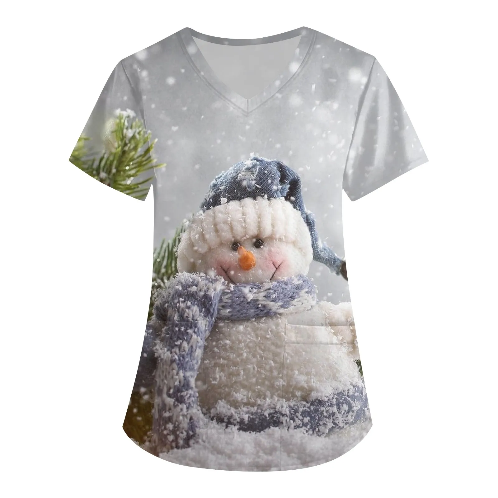 

Snowman Print Christmas Scrubs Tops Women V-Neck Short Sleeve Nurse Uniforms Carer Work Blouse Pet Grooming Beauty Salon Shirt