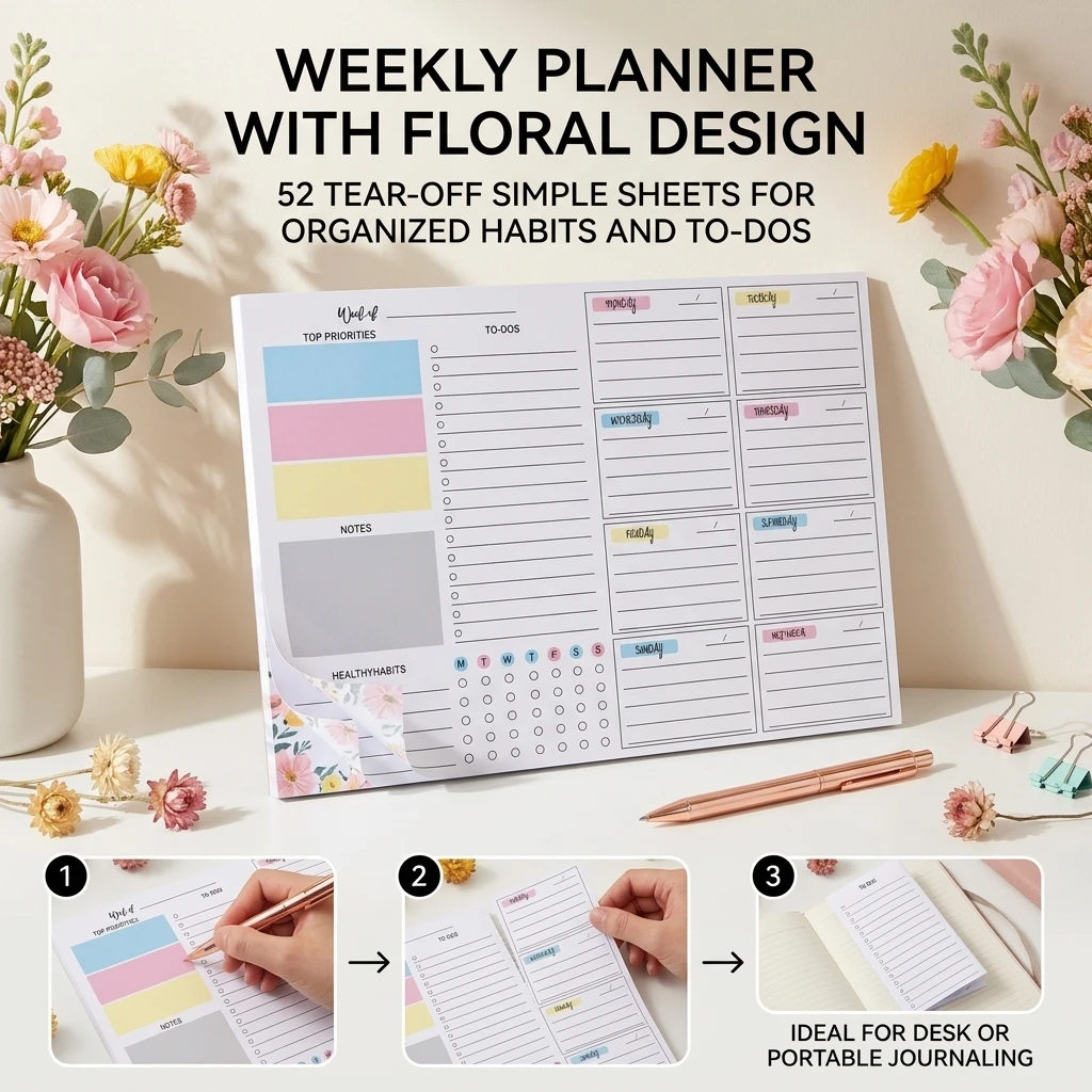 

Premium Paper Tear Off Notebook Floral Design English Printed 52 Sheets Minimalist Weekly Planner Notepad for Office Home School