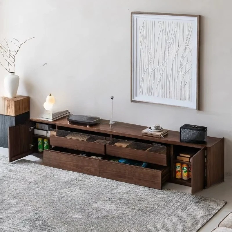 Black Walnut TV Cabinet Solid Wood Vintage Style Living Room Simple Floor Storage Cabinet