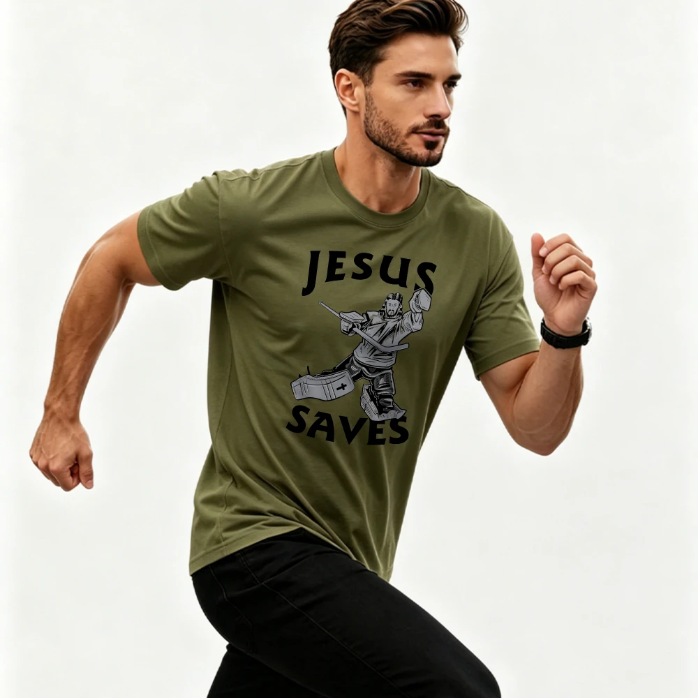 Jesus Saves Hockey Goalie Vintage Graphic Men's Classic Short Sleeve T-Shirt Ice Hockey Player Christian Faith Religious Tee