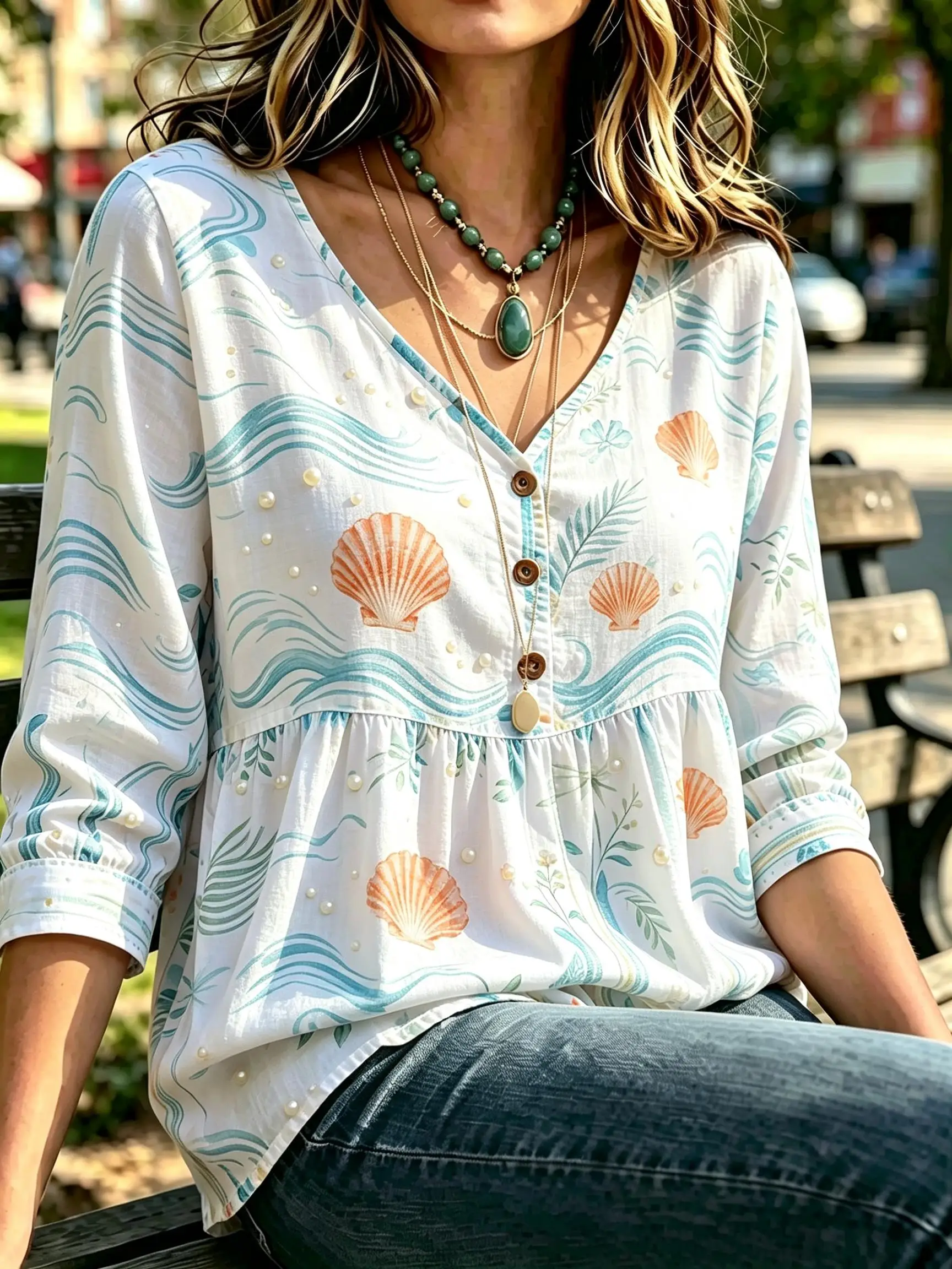 Women Loose Babydoll Tunic Top, Seashell Wave Vacation Print, V Neck Half Button 3/4 Sleeve Casual Daily Beach Blouse