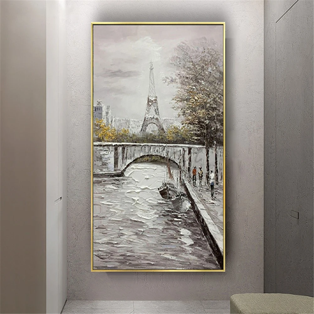 

Large Building Modern City Landscape Oil Painting 100% Handpainted Grey Big Paris Tower Canvas Poster Decor Wall Art Pattern