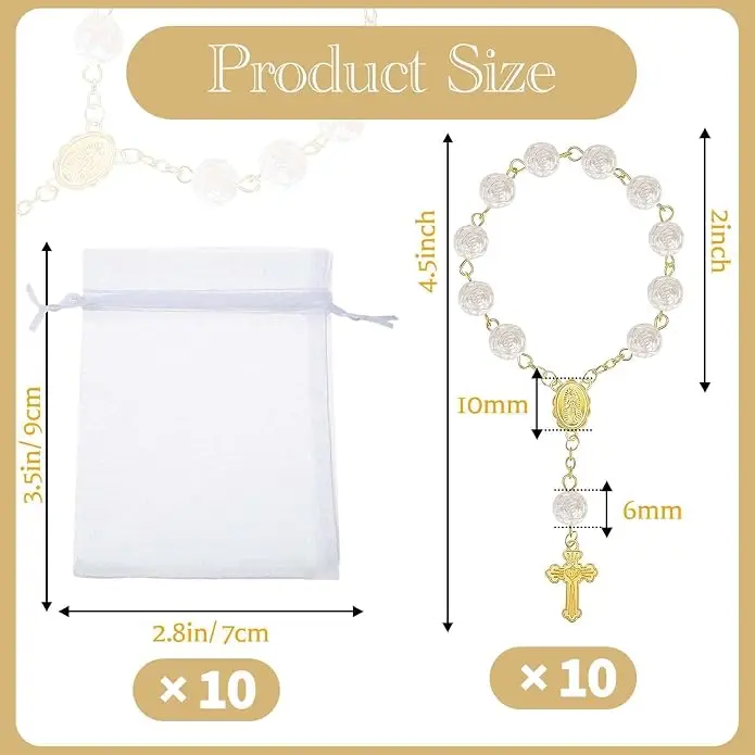 10Set Baptism Party Favors Mini Rosary Beads Faux Pearls with Organza Bags for Christening Weddings First Communion Party Favors