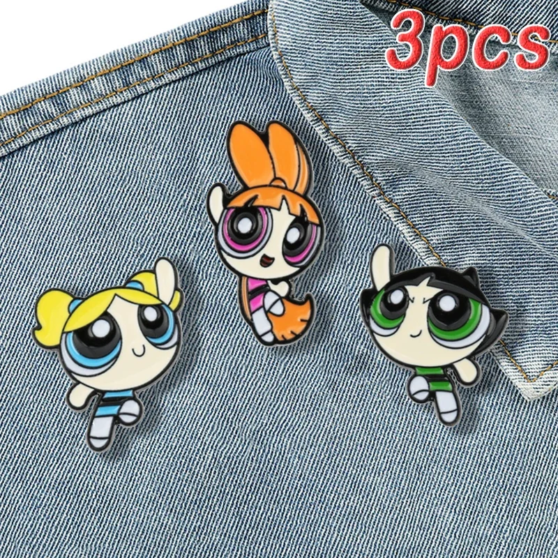 Powerpuff Girls-Épingles en émail pour femmes, broche en métal de dessin animé, badges d'anime, sacs à dos de mode mignons, accessoire de bijoux, cadeau